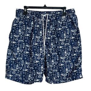 Lands' End Men's L 36-38 Mesh Lined Swim Trunks Key Pocket Nautical Navy Blue